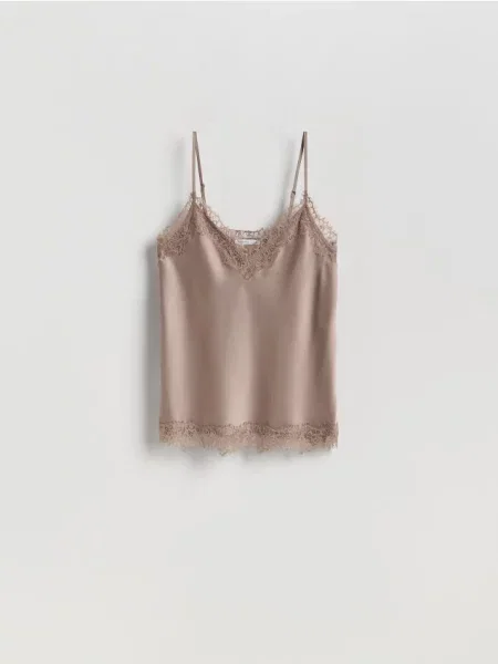 Reserved Топ із мереживним оздобленням кавовий 