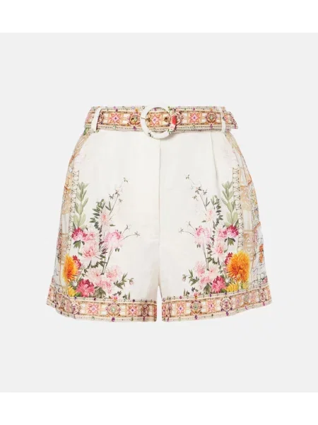 Pantaloni scurți Camilla cu talie înaltă de in cu model floral alb