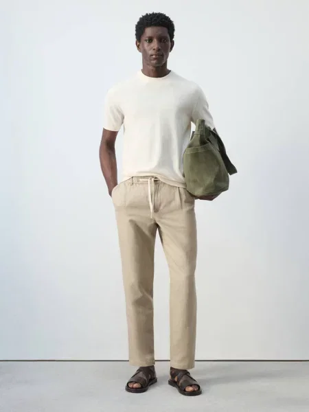 Spodnie slim fit cropped z lnu i bawełny Mężczyzna 44 MANGO MAN beżowy