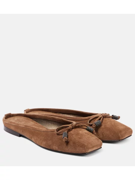 Papuci tip mules Brunello Cucinelli cu funde din piele de căprioară maro