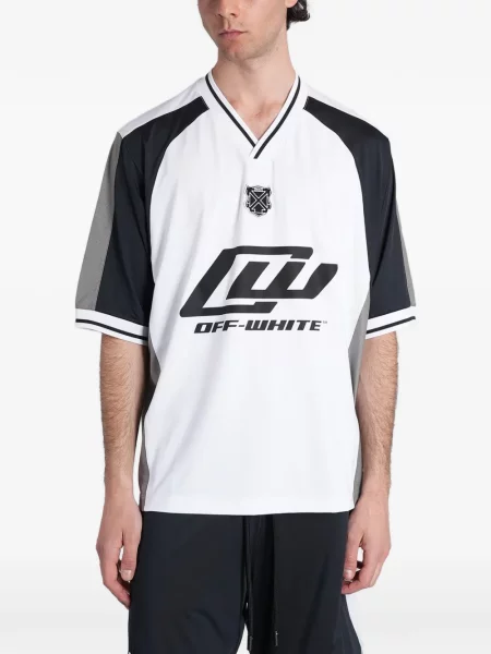 Tricou Off-white cu imagine cu decolteu în V alb