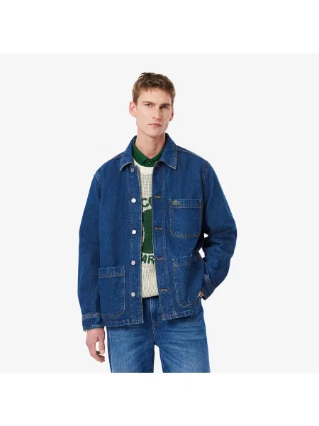 Lacoste Denimowa Kurtka Z Kołnierzem Koszulowym Oversize Ciemnoniebieska niebieski