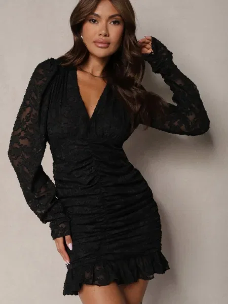 Rochie Mulată Mini cu Drapaje și Model pe Plasă Welisia neagră