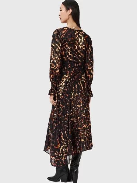 Сукня з додаванням шовку AllSaints midi розкльошена коричневий