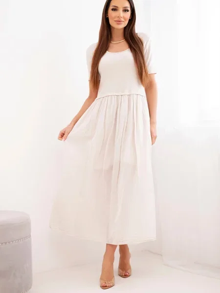 Rochie midi Kesi Włoski cu mâneci scurte până la genunchi bej