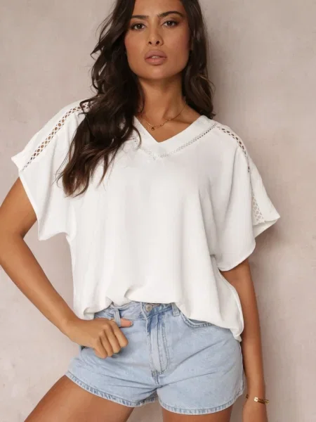 Bluză cu Mâneci Scurte și Decolteu Ajurat Morah albă