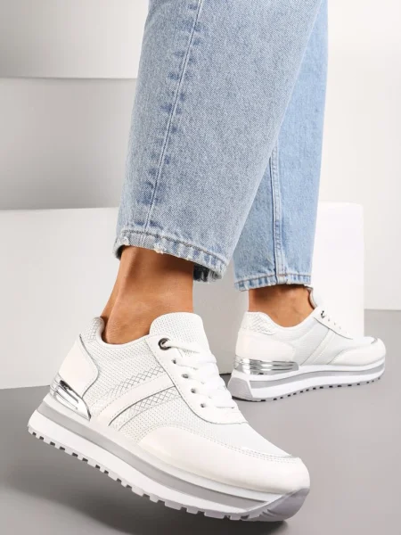 Sneakersy na Podeszwie w z Metalicznymi Wstawkami i Siateczką Silenalo białe