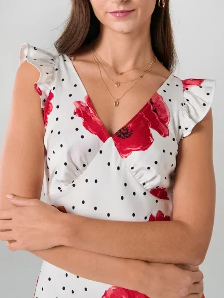 Міді сукня в горох із маковим мотивом різнобарвний