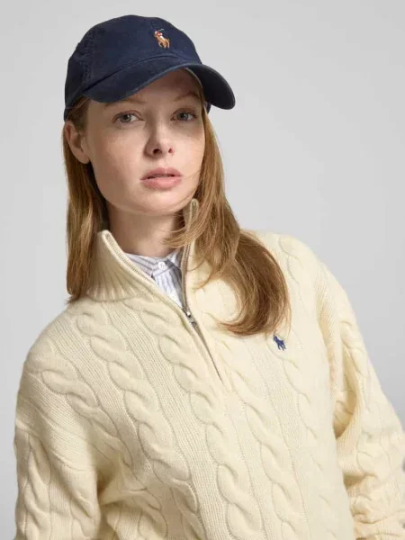 Kardigan Polo Ralph Lauren wełniany z logo z dekoltem w serek beżowy