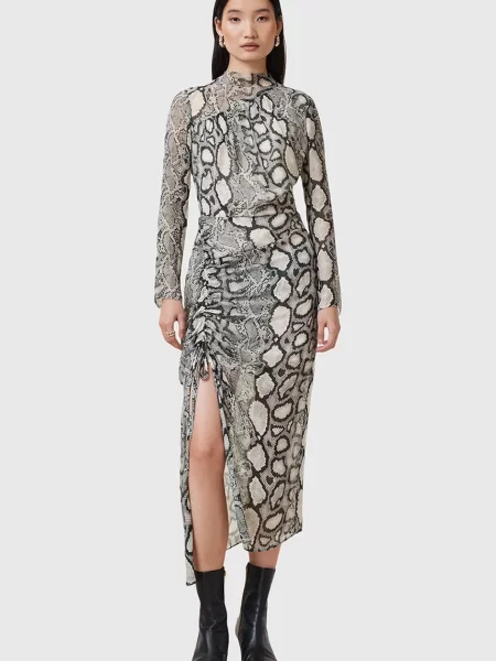 AllSaints sukienka z domieszką jedwabiu RIZO multicolor midi dopasowana