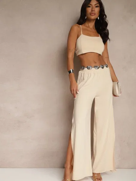 Komplet z Wiskozą Wiązany Top i Spodnie o Szerokim Kroju z Rozcięciami Zilavira beżowy