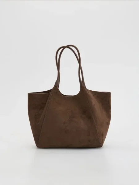 Reserved Torebka shopper z imitacji zamszu ciemnobrązowy