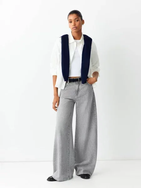 Jeansy z wysokim stanem i szerokimi nogawkami denim Teen 34 MANGO TEEN szary