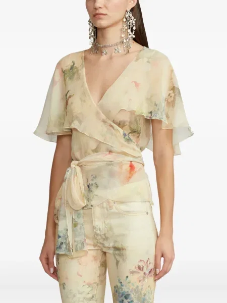 Μεταξωτός φλοράλ τοπ Ralph Lauren Collection με βολάν