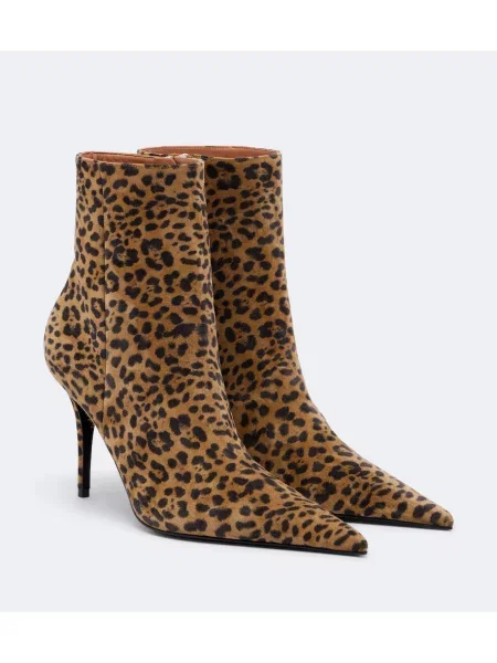 Cizme scurte Amina Muaddi din piele de căprioară cu imagine cu model leopard maro