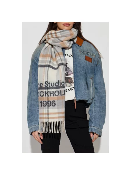 Szal Acne Studios wełniana w kratę z logo szara