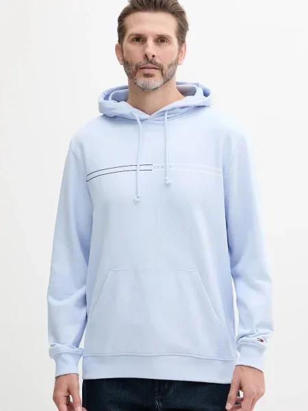 Суичър с качулка Tommy Jeans с качулка с принт синьо