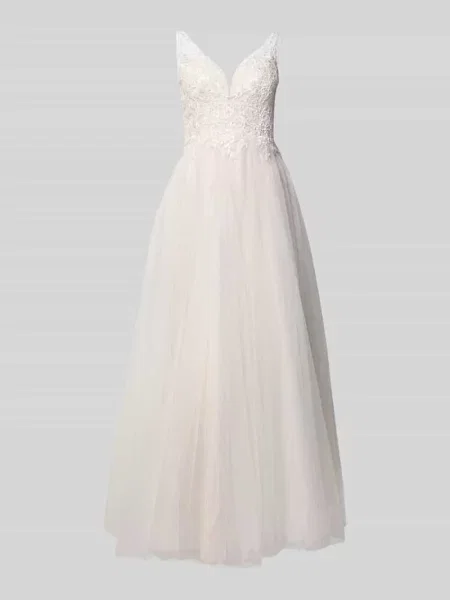 Suknia ślubna z kwiatową koronkową aplikacją Mascara biała