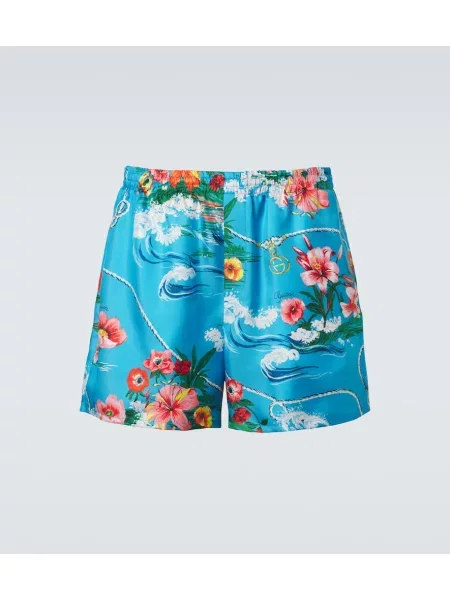 Pantaloni scurți Gucci de mătase cu model floral albastru