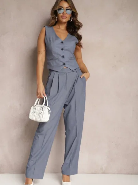 Pantaloni albaștri High Waist în stil costum cu Junife albastru