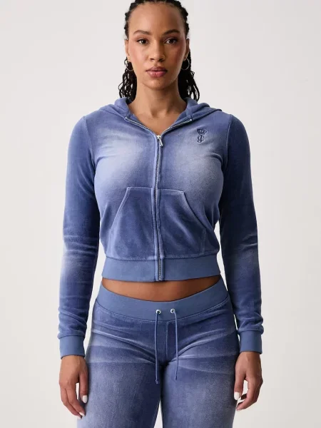 Juicy Couture rozepínací mikina s kapucí s bavlnou WASHED ROBYN modrá
