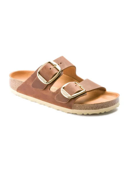 Klapki Birkenstock skórzane na sprzączkę brązowe