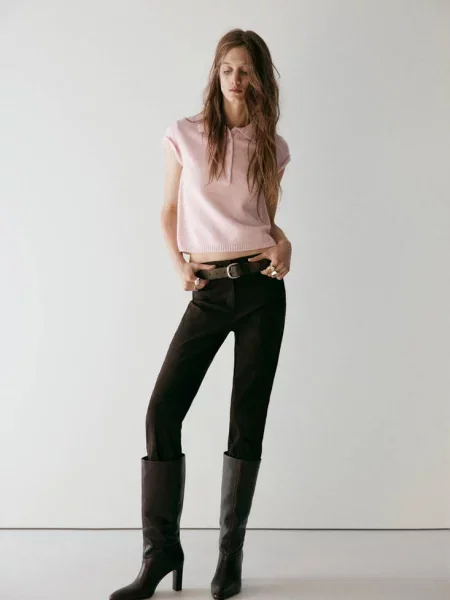 Sweter z dzianiny z kołnierzykiem polo pastelowy róż Kobieta M MANGO