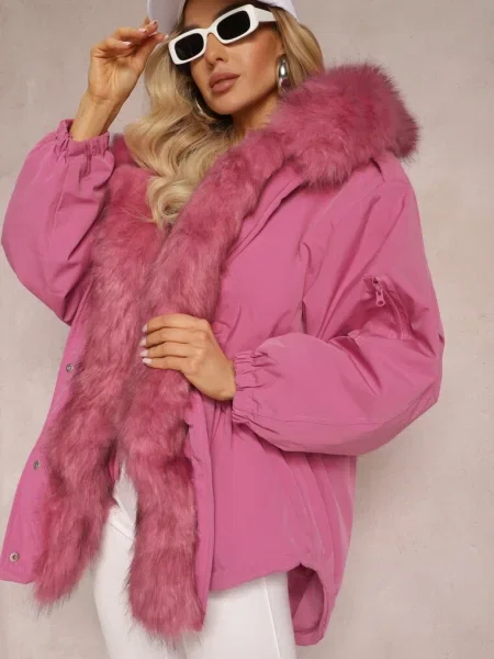 Kurtka Parka Oversize z Futerkiem Horelle różowa