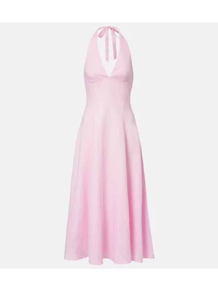 Lniana sukienka midi Faithfull do kolan z dekoltem halter różowa
