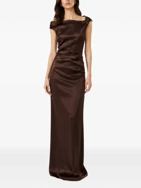Rochie maxi Pianoforte din satin cu volane maro