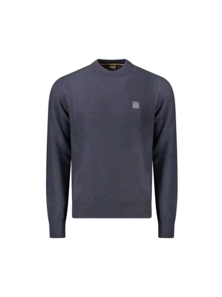 Sweter Boss z kaszmiru z okrągłym dekoltem z naszywanymi kieszeniami niebieski