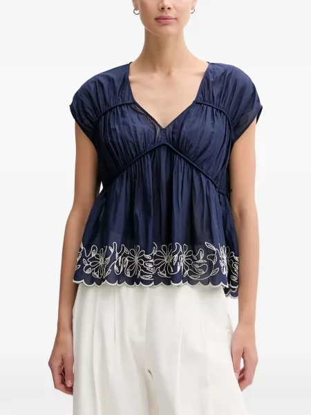 Bluzka w kwiaty Benetton w kwiatki z dekoltem w serek niebieska