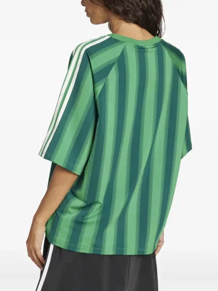 Koszulka Adidas w paski zamszowa z dekoltem w serek zielona