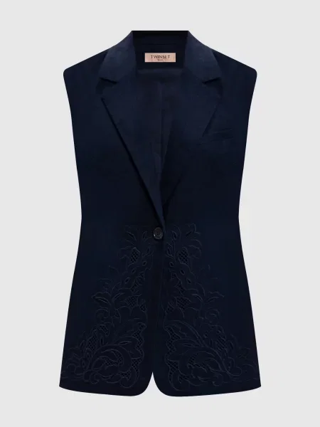 Жилет з льоном з вишивкою рішельє Twinset сині