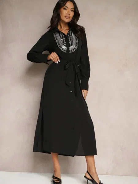 Koszulowa Sukienka Ozdobiona Koralikami Cekinami i Tidanis czarna