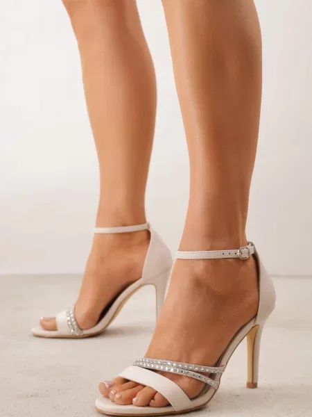 Sandale pe stiletto VICES cu barete asimetrice cu strasuri Monotis bej