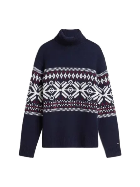 Lniany sweter z golfem Tommy Hilfiger z nadrukiem