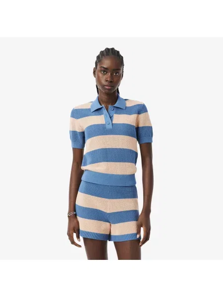 Lacoste Bluzka Z Kołnierzykiem Polo Z Krótkim Rękawem W Paski Regular Fit niebieska