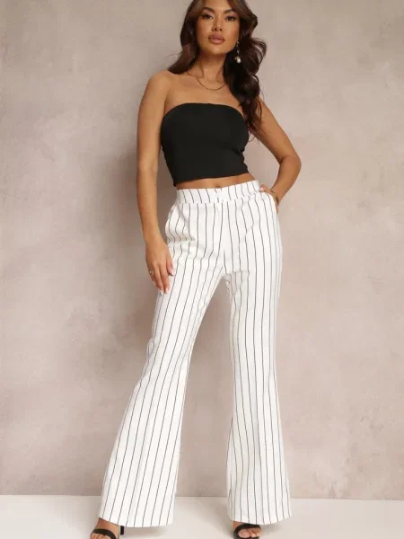 Pantaloni Evazați Albi cu Dungi Talie Înaltă Eudota alb