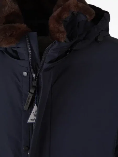 Lung geacă cu puf Moncler cu glugă albastru