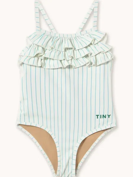 Tinycottons Jednodílné dětské plavky CYAN FINE STRIPES SWIMSUIT bílé