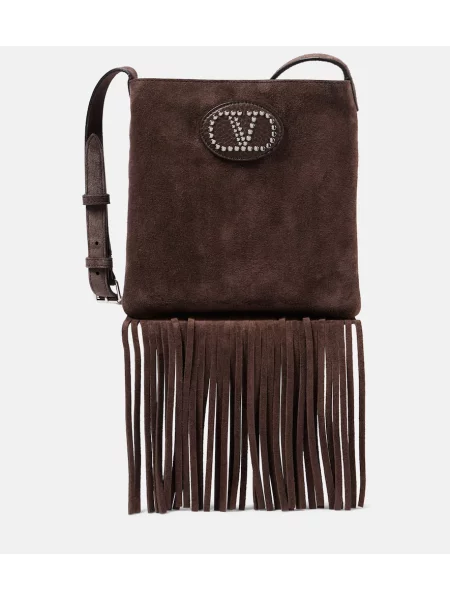 Crossbody torbica Valentino Garavani z obrobami iz semiša rjava