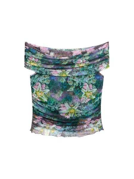 Top Desigual z dekoltem w łódkę w kwiatki z krótkim rękawem niebieski