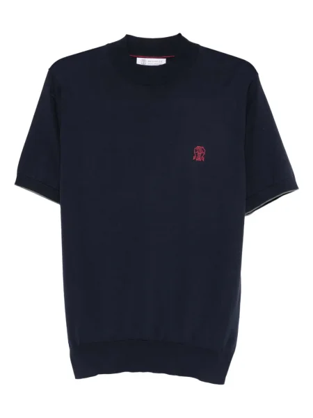 Tricou Brunello Cucinelli cu broderie tricotate albastru