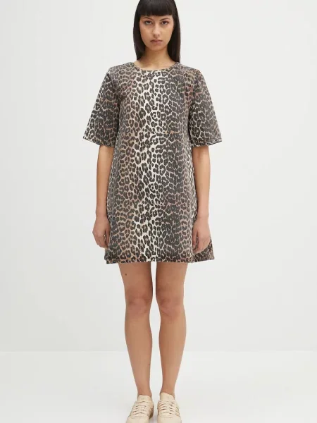 GANNI sukienka jeansowa Print Denim Open Back Mini mini rozkloszowana brązowy