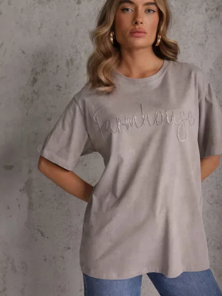 Oversizowy T-shirt z Bawełny Zdobiony Haftem z Cekinami Marivia szary