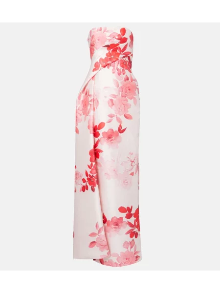 Satenska obleka Monique Lhuillier s cvetličnim vzorcem z draperijo roza