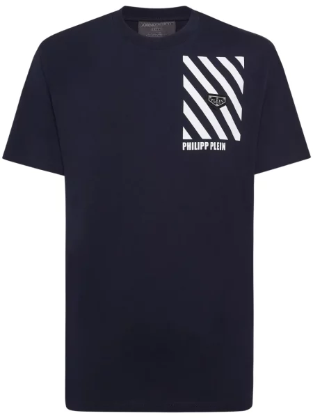 Tricou Philipp Plein cu dungi cu imagine albastru