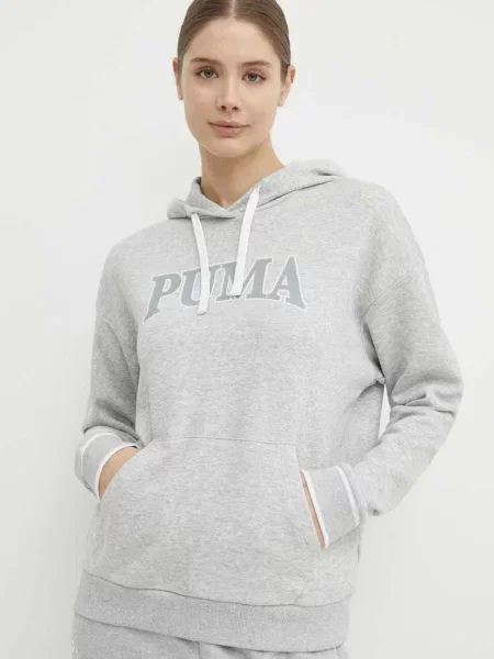 Меланжов суичър с качулка Puma с качулка с принт сиво