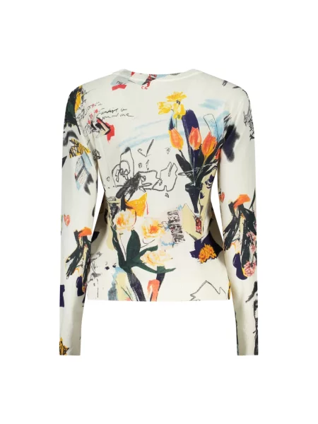 Lniany sweter Desigual z długim rękawem z okrągłym dekoltem biały